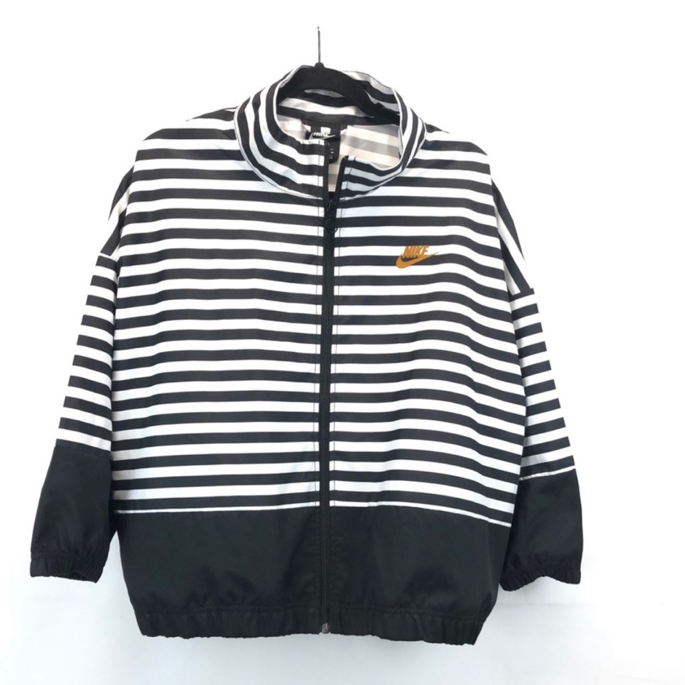 Nike Black & White Striped Full-Zip Track Jacket with Gold Swoosh - Size Medium
